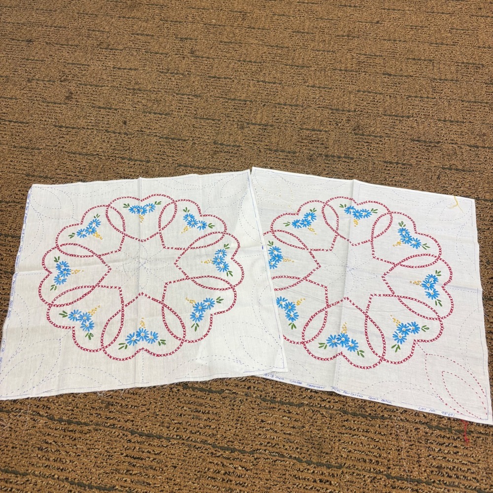 Vintage Myra of Fairway Hand Embroidered Quilt Blocks Hearts Flowers Lot of 2